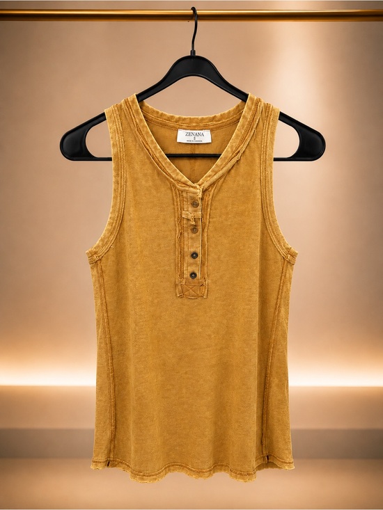 Zenana Signature Tops - Zenana Outfitters Mustard Henley Tank - Sleeveless V-Neck